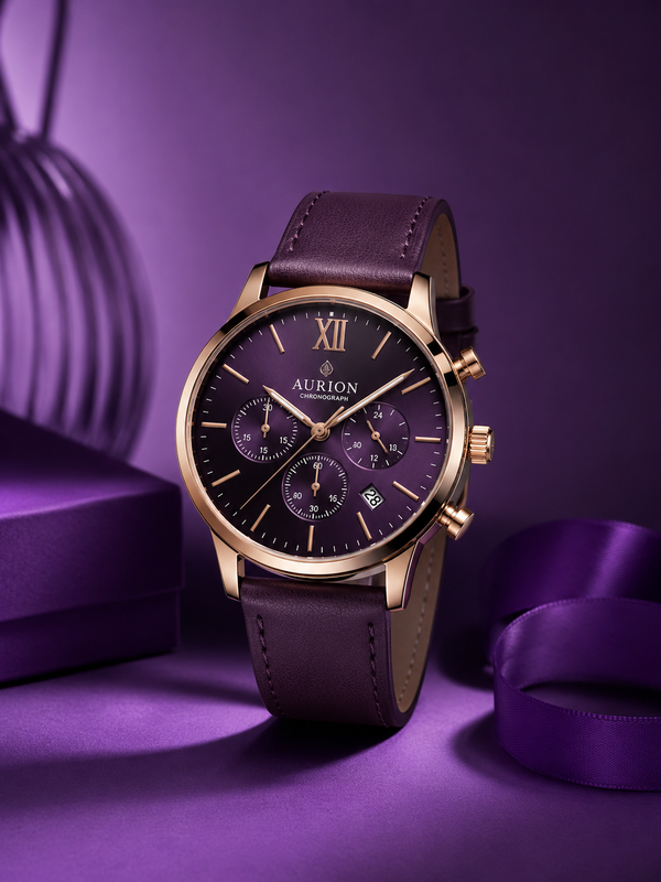 The image shows a purple watch with a purple ribbon on a purple background, along with a box and a decorative item. The watch is an aurion chronograph, with a sleek and sophisticated design. The purple color of the watch stands out against the purple background and the decorative item adds a touch of elegance to the image.