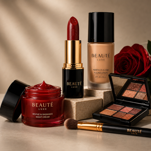 The image shows a selection of Beaute Luxe makeup products, including a lipstick, a makeup brush, and a rose flower, all arranged on a surface. The background is slightly blurred, giving the image a dreamy feel. The image shows a selection of Beaute Luxe makeup products, including a lipstick, a makeup brush, and a rose flower, all arranged on a surface. The background is slightly blurred, giving the image a dreamy feel.