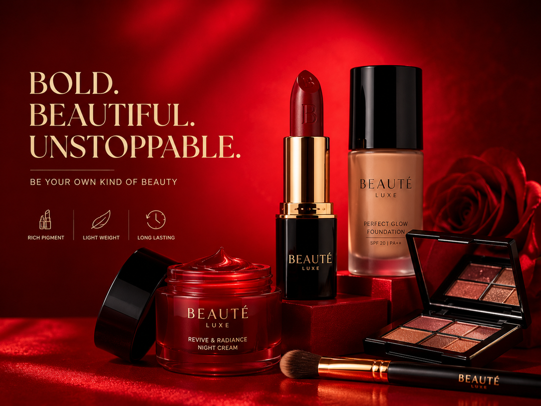 The image shows a poster with the words "Beaute Luxe - Bold, Beautiful, Unstoppable - Be Your Own Kind of Beauty" written across the top. On the poster, there are several beauty products, including a lipstick, a makeup kit, and a brush, all arranged on a red surface. The background is a deep red color, creating a striking contrast with the vibrant colors of the products.