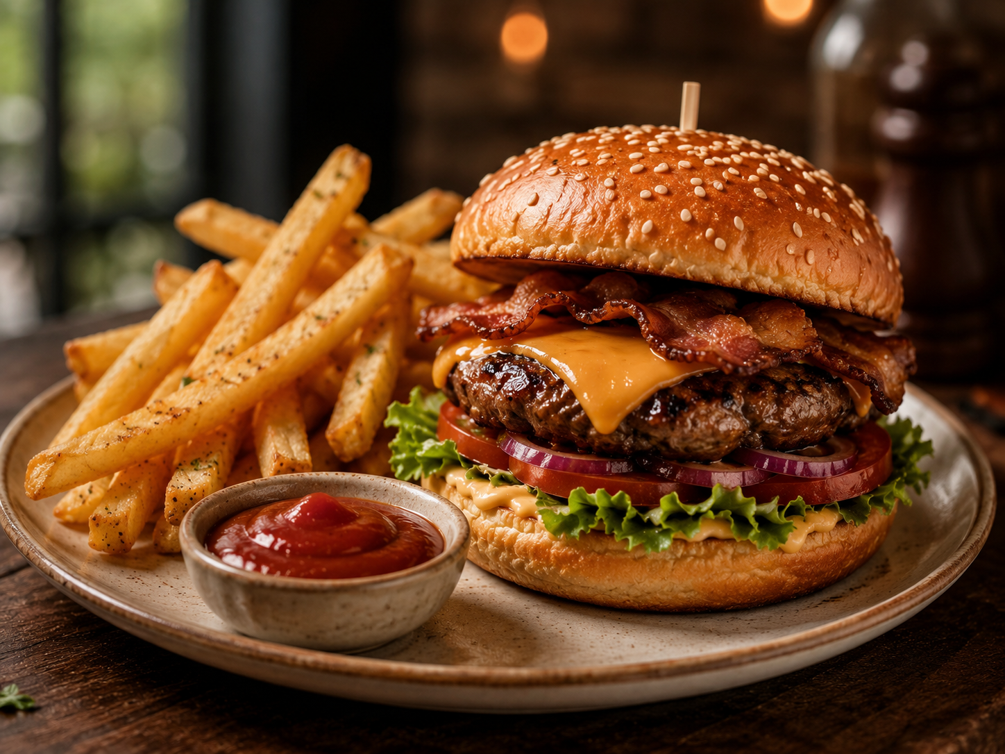 The image shows a plate with a bacon cheeseburger and french fries on it, placed on a table with a bowl of ketchup beside it. The background is slightly blurred, giving the focus to the plate and its contents. The image shows a plate with a bacon cheeseburger and french fries on it, placed on a table with a bowl of ketchup beside it. The background is slightly blurred, giving the focus to the plate and its contents.