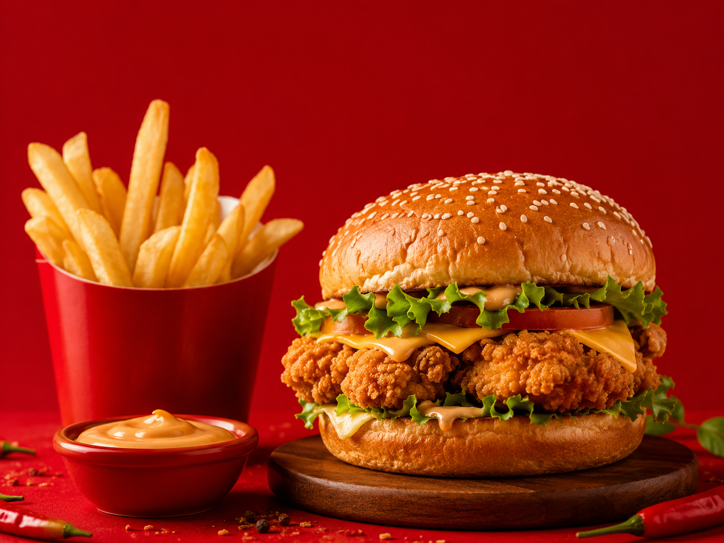 The image shows a fried chicken sandwich with french fries and ketchup on a red background. The sandwich is placed on a wooden plate with a bowl of sauce beside it, and there are chilies scattered around the plate. The background is a deep red color, giving the image a vibrant and inviting atmosphere. The image shows a fried chicken sandwich with french fries and ketchup on a red background. The sandwich is placed on a wooden plate with a bowl of sauce beside it, and there are chilies scattered around the plate. The background is a deep red color, giving the image a vibrant and inviting atmosphere.