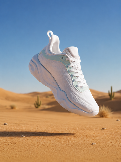 The image shows a pair of white Nike React Element 55 sneakers in the desert, with a cactus plant in the background and a clear blue sky above. The image shows a pair of white Nike React Element 55 sneakers in the desert, with a cactus plant in the background and a clear blue sky above.
