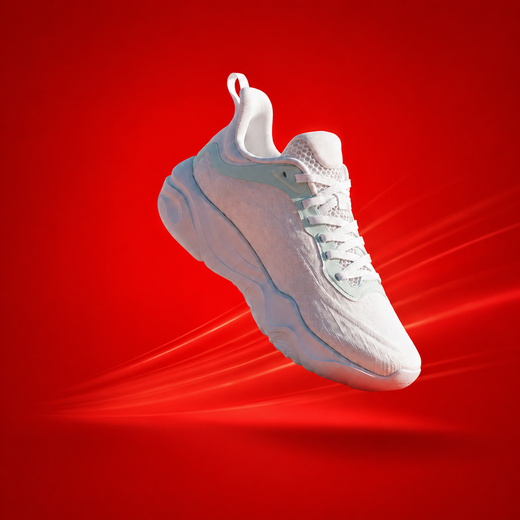 The image shows a white Nike React Element 55 sneaker on a vibrant red background. The sneaker features a white upper with a white midsole and a white outsole. The Nike swoosh logo is prominently displayed on the side of the shoe, and the laces are white. The red background provides a striking contrast to the white of the sneaker, making it stand out. The image shows a white Nike React Element 55 sneaker on a vibrant red background. The sneaker features a white upper with a white midsole and a white outsole. The Nike swoosh logo is prominently displayed on the side of the shoe, and the laces are white. The red background provides a striking contrast to the white of the sneaker, making it stand out.