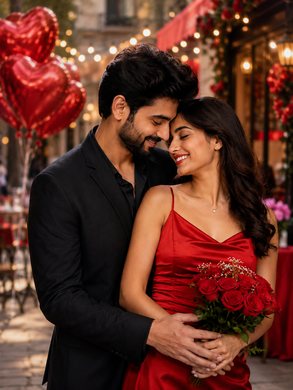 The image shows a man and woman standing next to each other in front of a building, both of them smiling and the woman holding a bouquet of flowers. The background is slightly blurred, and there are red heart-shaped balloons and lights in the background, creating a romantic atmosphere.