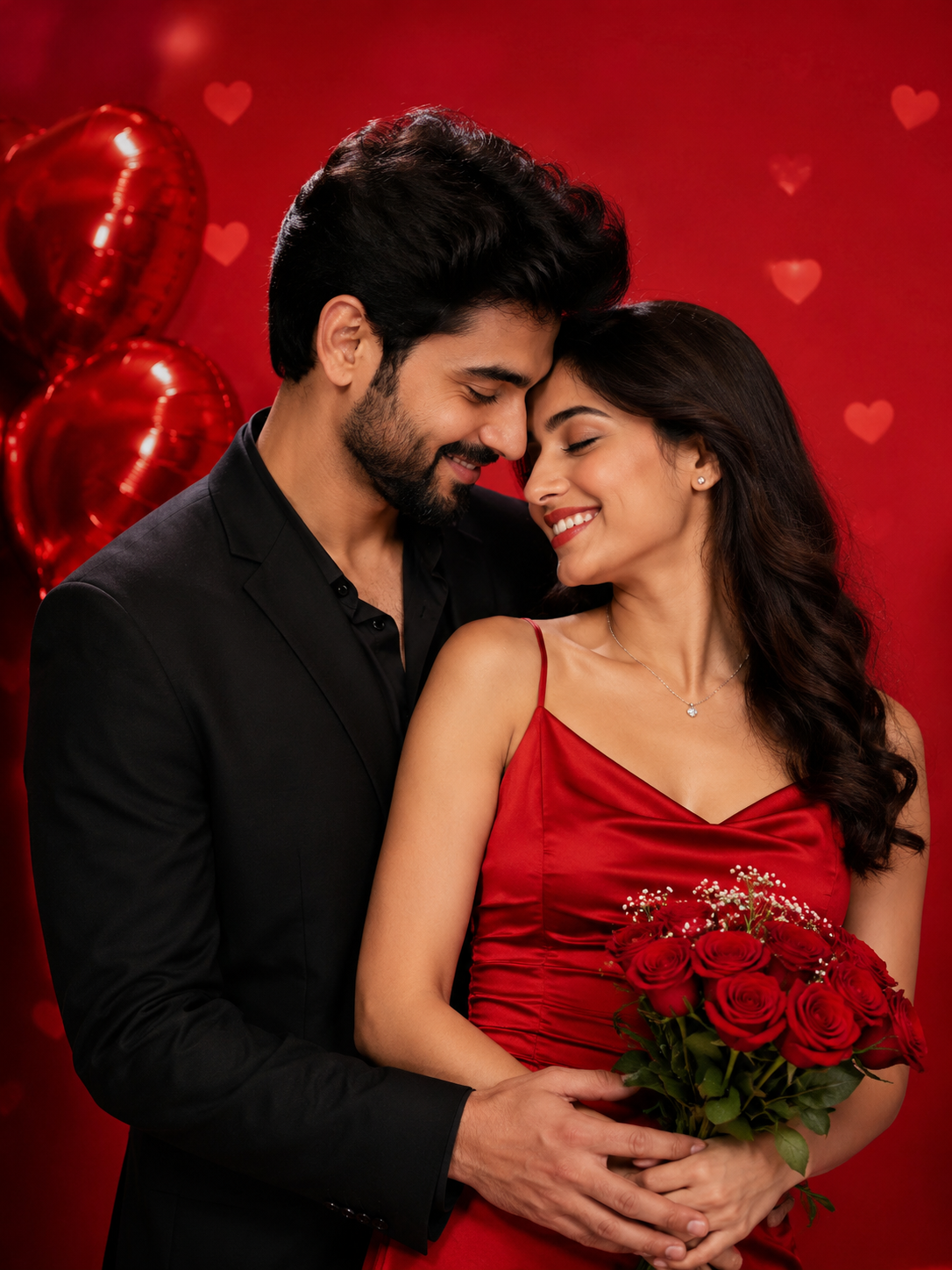 The image shows a man and woman standing next to each other in front of a red background, both of them smiling and the woman holding a bouquet of flowers. There are also a few heart-shaped balloons in the background, suggesting that this is a Valentines Day special. The image shows a man and woman standing next to each other in front of a red background, both of them smiling and the woman holding a bouquet of flowers. There are also a few heart-shaped balloons in the background, suggesting that this is a Valentines Day special.