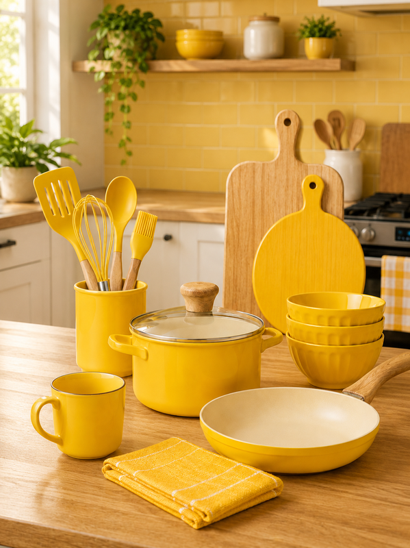 The image shows a kitchen counter with a variety of yellow kitchen utensils, including bowls, cups, spoons, spatulas, and napkins, arranged neatly on top. There is a stove on the right side of the counter, and a few plants on the left side. In the background, there are a few more plants on a wooden rack, and the wall is painted yellow.