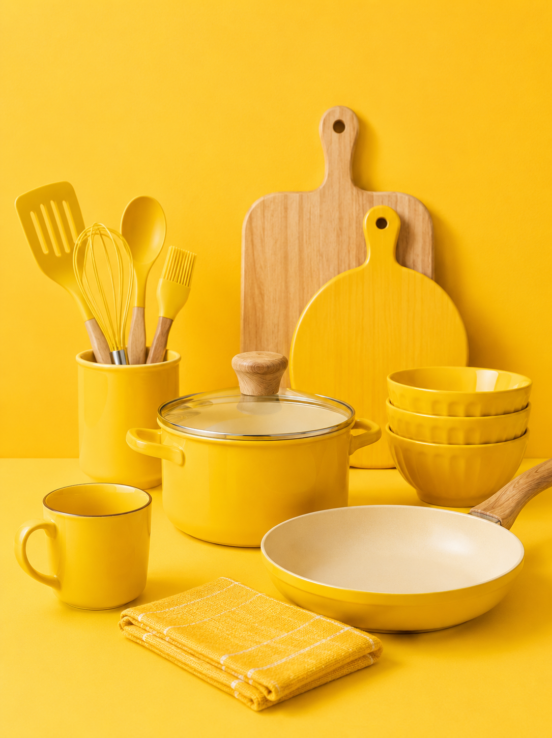 The image shows a collection of yellow kitchen utensils on a yellow background, including bowls, cups, spoons, spatulas, and a wooden board, all arranged neatly on a table. The image shows a collection of yellow kitchen utensils on a yellow background, including bowls, cups, spoons, spatulas, and a wooden board, all arranged neatly on a table.