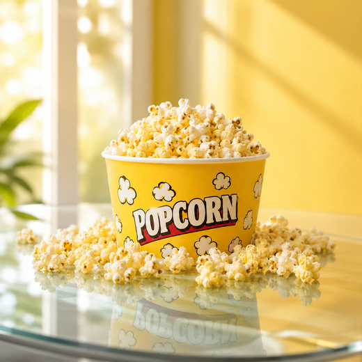 The image shows a glass table with a yellow bucket of popcorn sitting on top of it. The background is slightly blurred, and there is a plant to the left of the table. The image shows a glass table with a yellow bucket of popcorn sitting on top of it. The background is slightly blurred, and there is a plant to the left of the table.