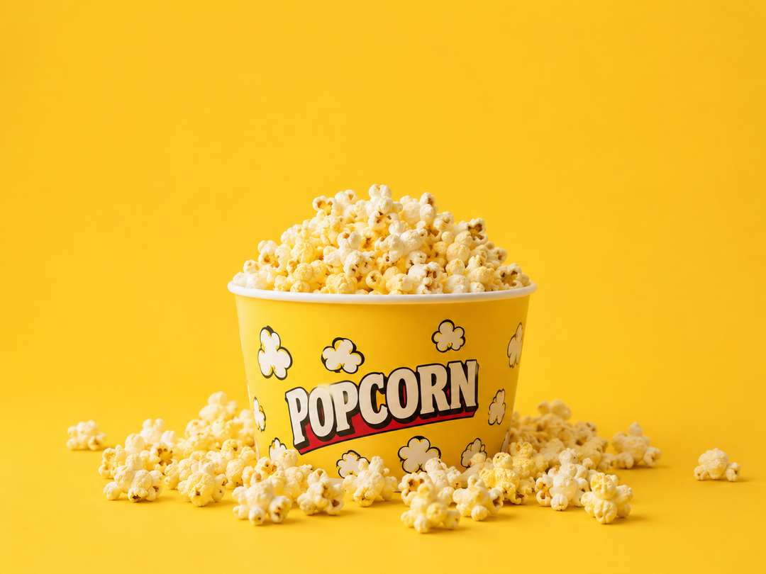 The image shows a yellow popcorn bucket filled with popcorn on a yellow background. The bucket is filled to the brim with the golden-brown popcorn, and the yellow background provides a vibrant contrast to the popcorn.