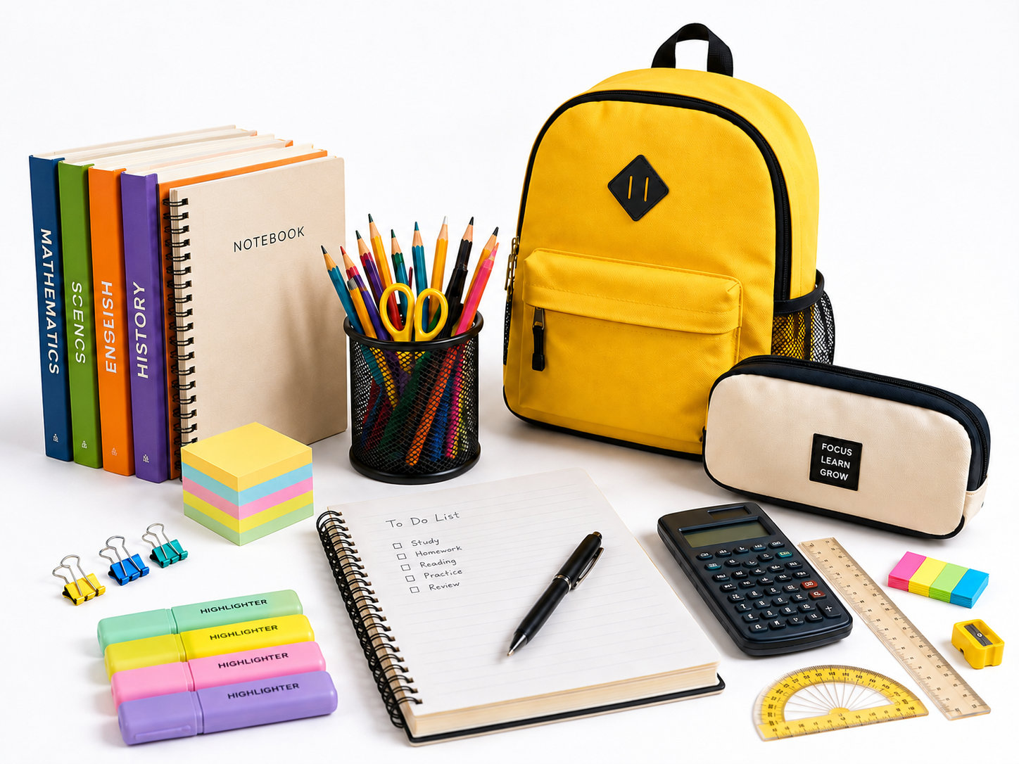 The image shows a yellow backpack filled with school supplies such as books, pens, pencils, a pen stand, a calculator, a scale, and other objects, all on a white background. The image shows a yellow backpack filled with school supplies such as books, pens, pencils, a pen stand, a calculator, a scale, and other objects, all on a white background.