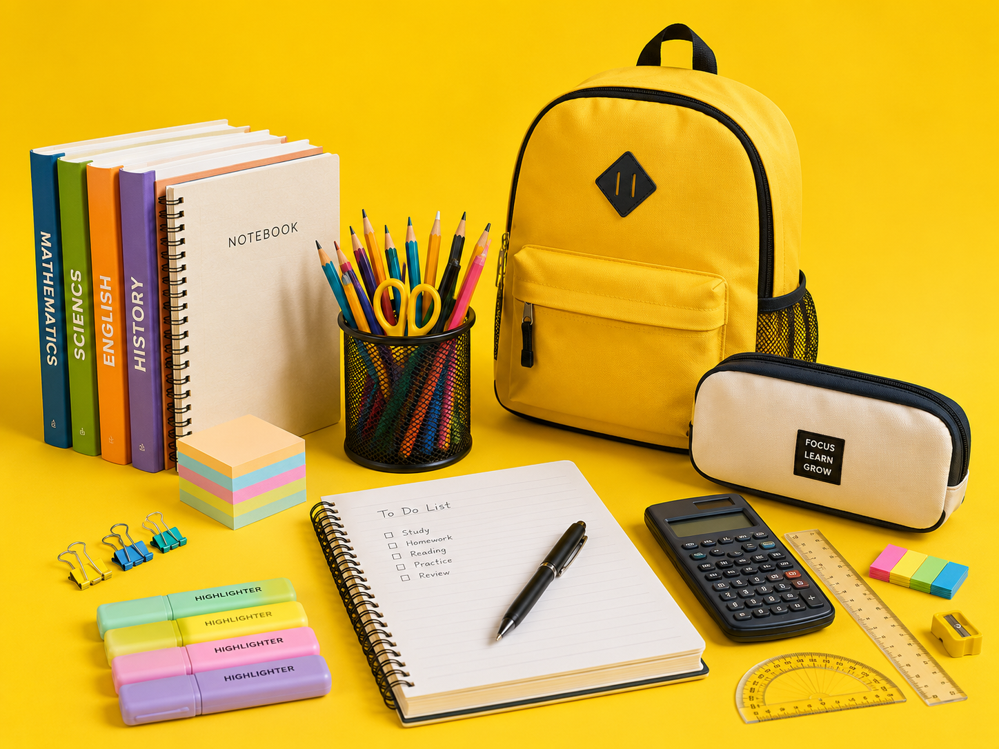 The image shows a yellow background with a variety of school supplies, including books, pens, pencils, a pen stand, a calculator, a scale, erasers, and a pouch, all arranged neatly on the surface. The image shows a yellow background with a variety of school supplies, including books, pens, pencils, a pen stand, a calculator, a scale, erasers, and a pouch, all arranged neatly on the surface.
