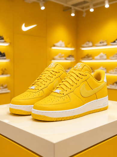 The image shows a pair of yellow Nike Air Force 1 07 LV8 shoes on a white surface, with a yellow wall in the background and lights on the ceiling. The image shows a pair of yellow Nike Air Force 1 07 LV8 shoes on a white surface, with a yellow wall in the background and lights on the ceiling.