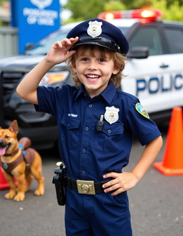 A young child in a police uniform salutes next to a police car, with a dog nearby.
