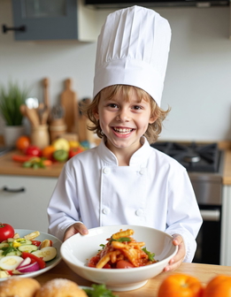 A young child in a chef's hat holds a bowl of food at a table filled with ingredients.