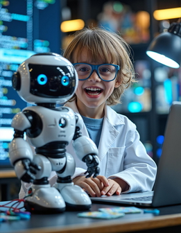A young child in a white lab coat and glasses sits at a desk, playing with a robot.
