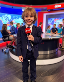 A young boy in a suit and tie holds a microphone, smiling in front of a TV set with an audience behind.