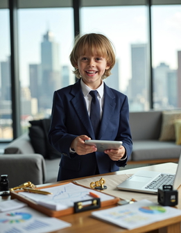 A young boy in a suit sits at a desk with a laptop and papers, holding a tablet.