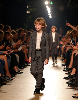 A young child walks down a runway in a suit, with spectators on either side.