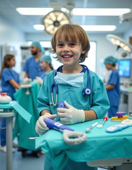A young child in scrubs and a stethoscope stands in an operating room.