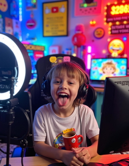 A child sits at a desk with a computer, wearing headphones. A monitor, keyboard, and mouse are on the desk.