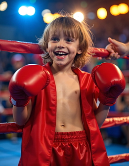 A young boy in a red boxing suit and gloves stands in a ring, with spectators and lights in the background.