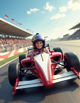 A young driver in a helmet speeds in a red race car on a track with crowds watching from stands.