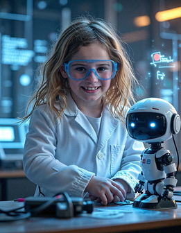A young person in a lab coat and goggles sits at a table with a robot, surrounded by various objects.