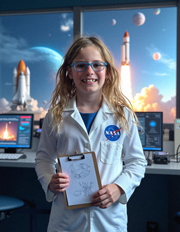 A child in a lab coat holds a clipboard, standing at a desk with electronics. A rocket is visible through the window behind them.