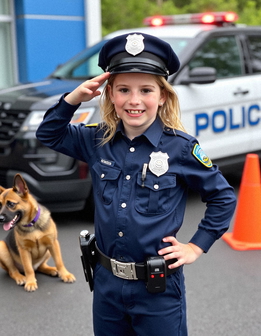 A young person in a police uniform smiles next to a police dog, with a car and traffic cone behind them.