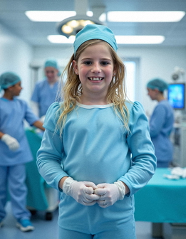 A young person in scrubs smiles in an operating room, wearing a blue dress, gloves, and a cap.