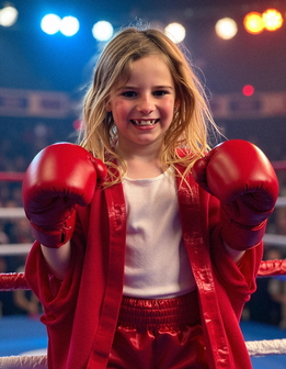 A young person in a boxing ring, wearing red gloves and a white t-shirt, smiles broadly.
