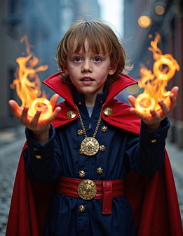 A young boy in a red cape holds fire in his hands, standing in front of a blurred background, with a mysterious and magical aura emanating from his hands. A young boy in a red cape holds fire in his hands, standing in front of a blurred background, with a mysterious and magical aura emanating from his hands.
