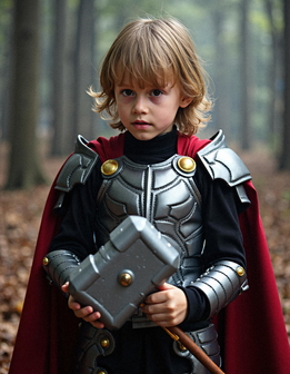 A young child dressed as Thor, holding a hammer, stands in a wooded area with leaves on the ground.