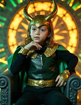 A young child in a Loki costume, with a helmet and horns, sits on a chair in front of a wall.