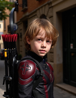 A young person in a red and black costume holds a bow and arrow, standing before a backdrop of buildings and trees.