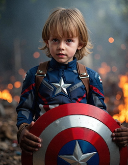 A young boy in a Captain America costume holds a shield, standing in front of a blazing fire.
