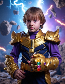 A young child in a purple and gold costume stands before a dramatic backdrop of rocks, lightning, and a stormy sky.