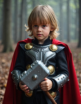 A child dressed as Thor, holding a hammer, stands in a wooded area with trees and leaves on the ground.