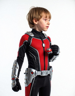 A young boy in a red and black costume stands against a white background.