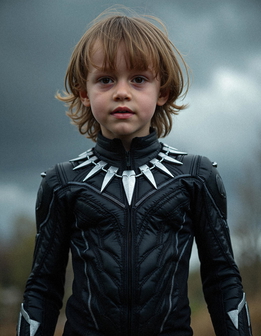 A young person in a black panther costume stands confidently, with hands in pockets, under a cloudy sky.