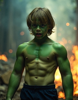 A young child with green paint on their face stands before a blazing fire, with a blurred background.
