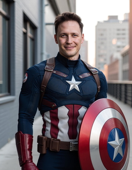 A man in a Captain America costume holds his iconic shield, standing before a backdrop of buildings and a clear blue sky.