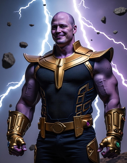 A man dressed as Thanos stands smiling, with a thunderstorm and scattered stones in the background.