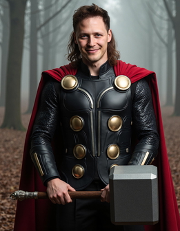 A man stands smiling, holding a large, ornate hammer, surrounded by trees and fallen leaves.