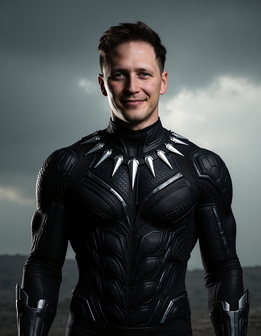 A man in a black panther costume stands confidently in front of a cloudy sky, wearing a black suit with silver accents.