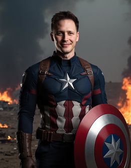 A man in a blue and red suit, holding a circular shield, smiles while standing in a fiery, smoky background.