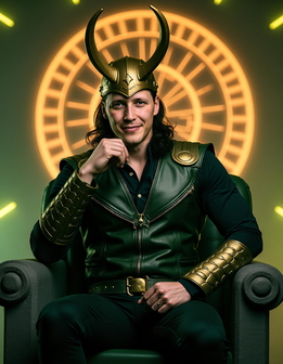 A man dressed as Loki sits in a chair, wearing a costume and helmet, with a clock and dramatic lighting in the background.