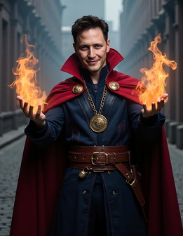 A man in a red cloak holds fire in his hands, standing on a street with buildings and a clear blue sky in the background.