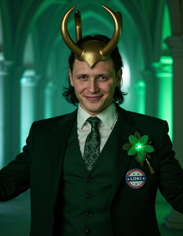 A man in a suit and tie, wearing a Loki mask, smiles in front of a backdrop of pillars.