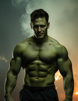 A shirtless man stands before a sunset, with clouds and the setting sun in the background.